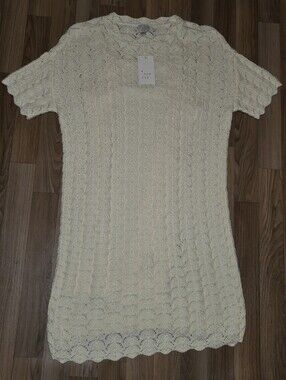 A New Day Pointelle Mini Sweater Dress Cream Boho Crochet Look Size XS